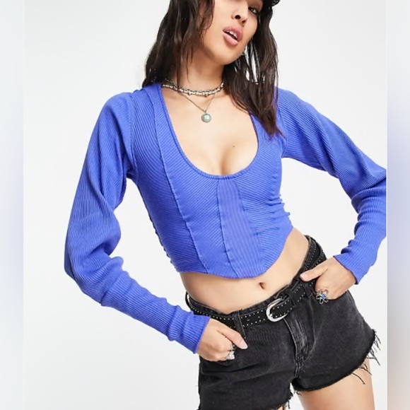NWT Free People “Petra” long sleeve cotton seam detail blue stretch crop top S - Picture 1 of 3